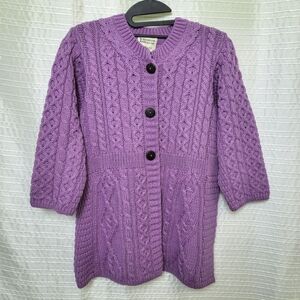 Kilronan Knitwear Cardigan Ireland Merino Wool Aran Style Lilac Rose Women’s S